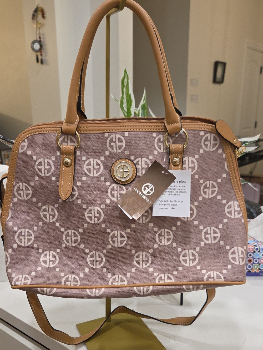Giani Bernini Blush Pink Logo Satchel with Tan Trim